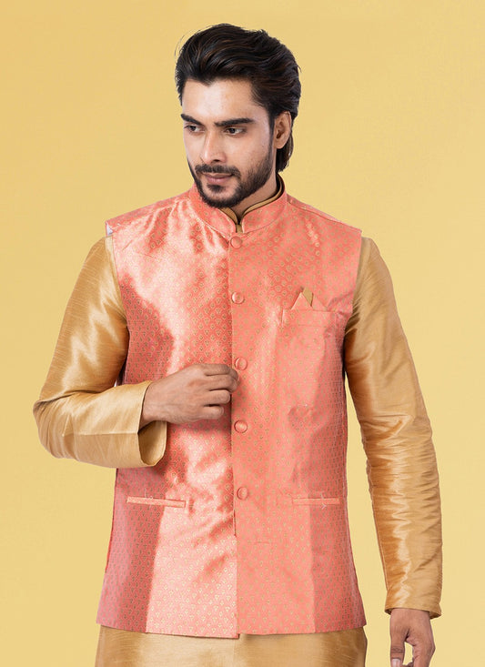 Jacquard Work Silk Pink Nehru Jackets - M7448