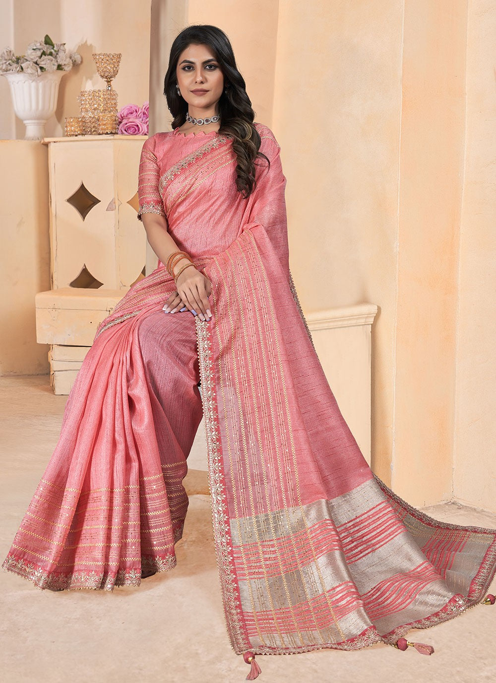 Classic Gota Patti Linen Saree - S6981