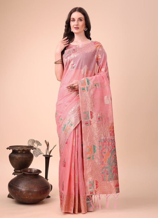 Weaving Zari Cotton Pink Trendy Saree S15111