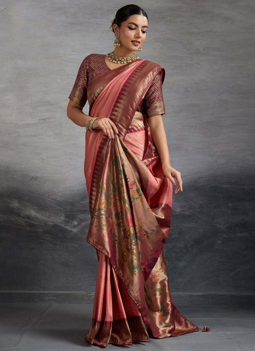 Pink Kanjivaram Silk Traditional Saree Meenakari, Weaving Zari, Zari S19375