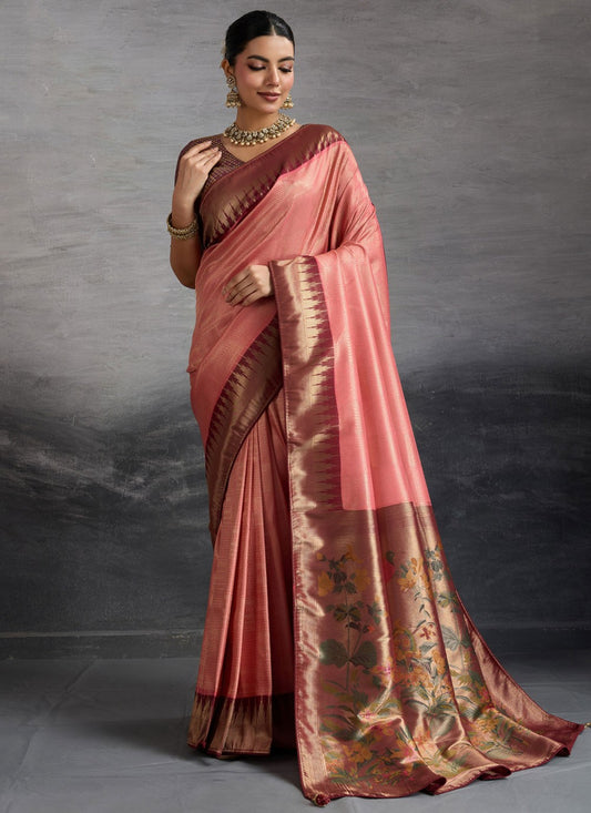 Pink Kanjivaram Silk Traditional Saree Meenakari, Weaving Zari, Zari S19375
