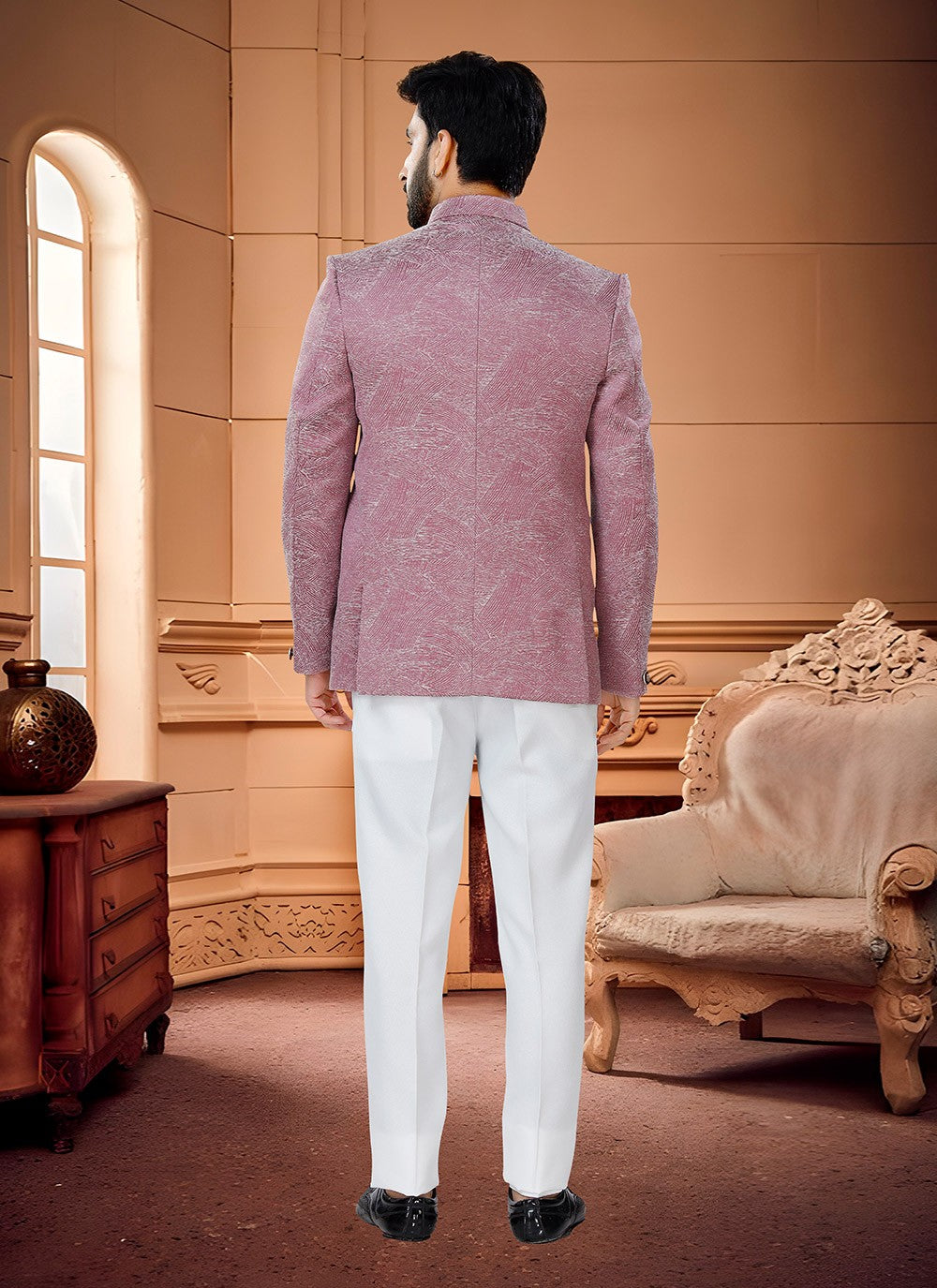 Woven Jacquard Pink Jodhpuri Suit - M4329