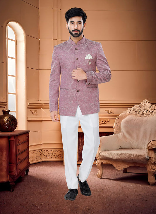 Woven Jacquard Pink Jodhpuri Suit - M4329