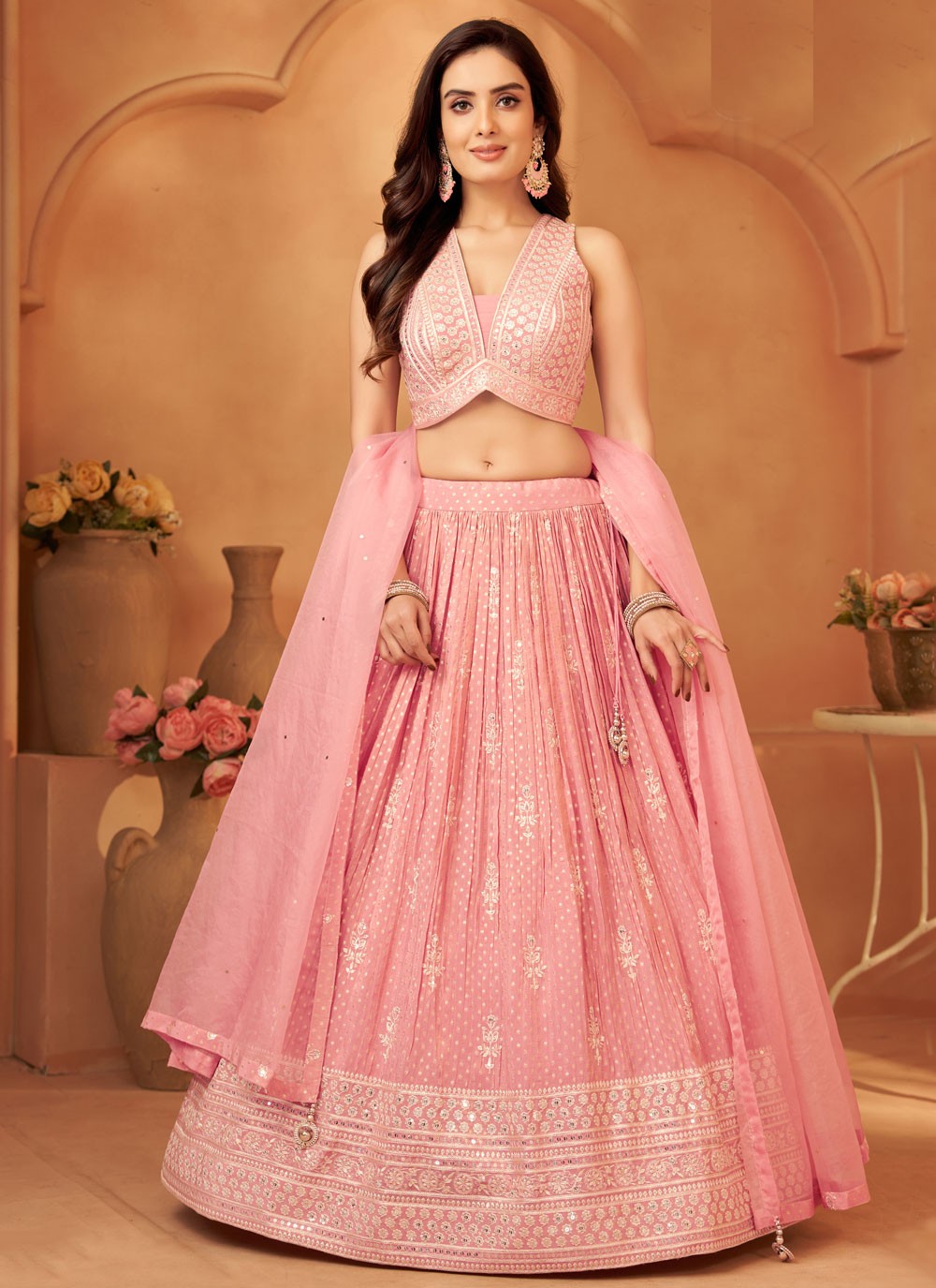 Embroidered Georgette Pink Lehenga Choli L3736