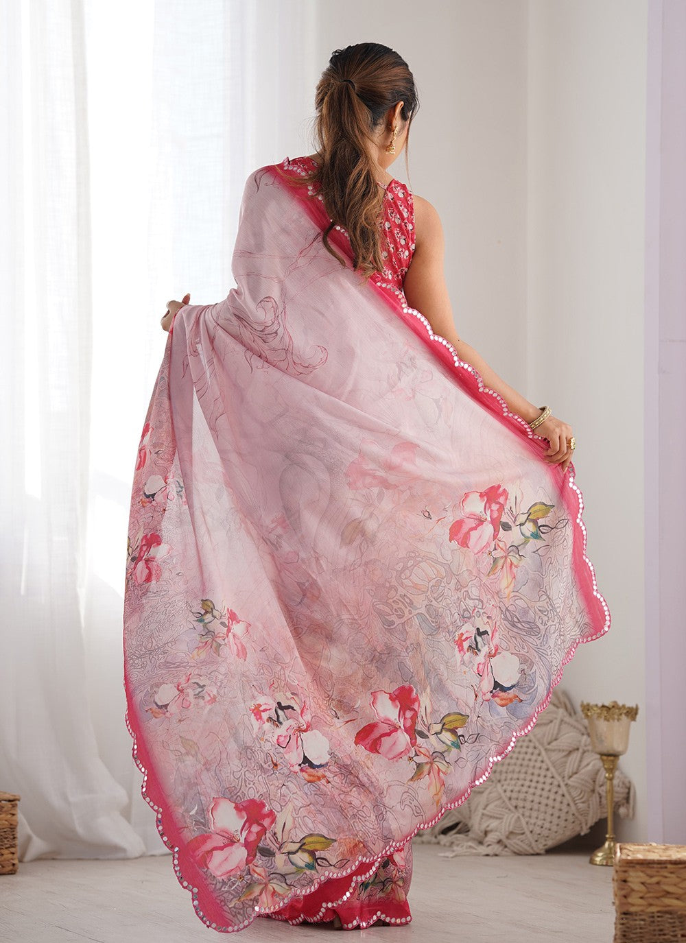 Trendy Saree Digital Print Pink Chinon S12392