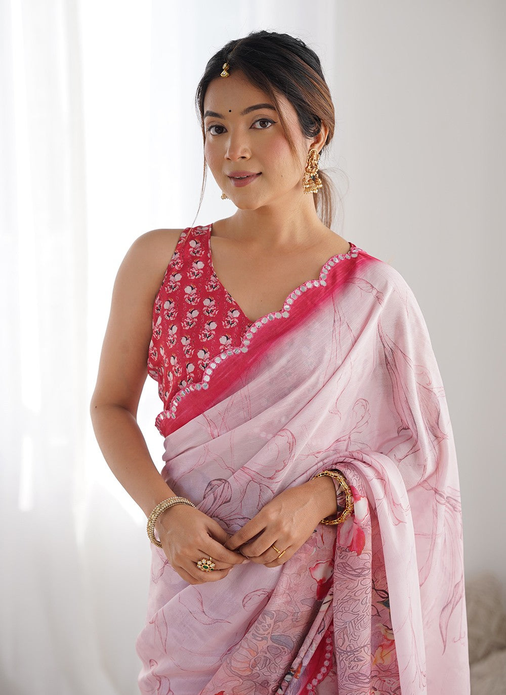 Trendy Saree Digital Print Pink Chinon Saree S12392