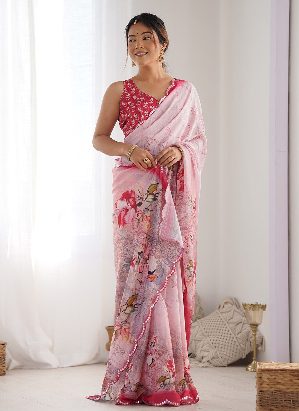 Trendy Saree Digital Print Pink Chinon S12392