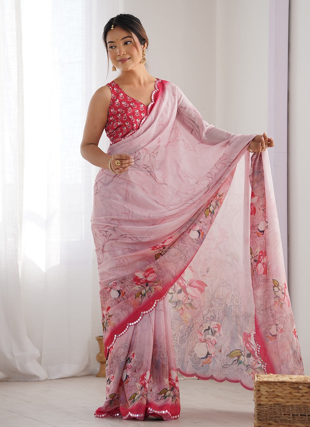 Trendy Saree Digital Print Pink Chinon Saree S12392
