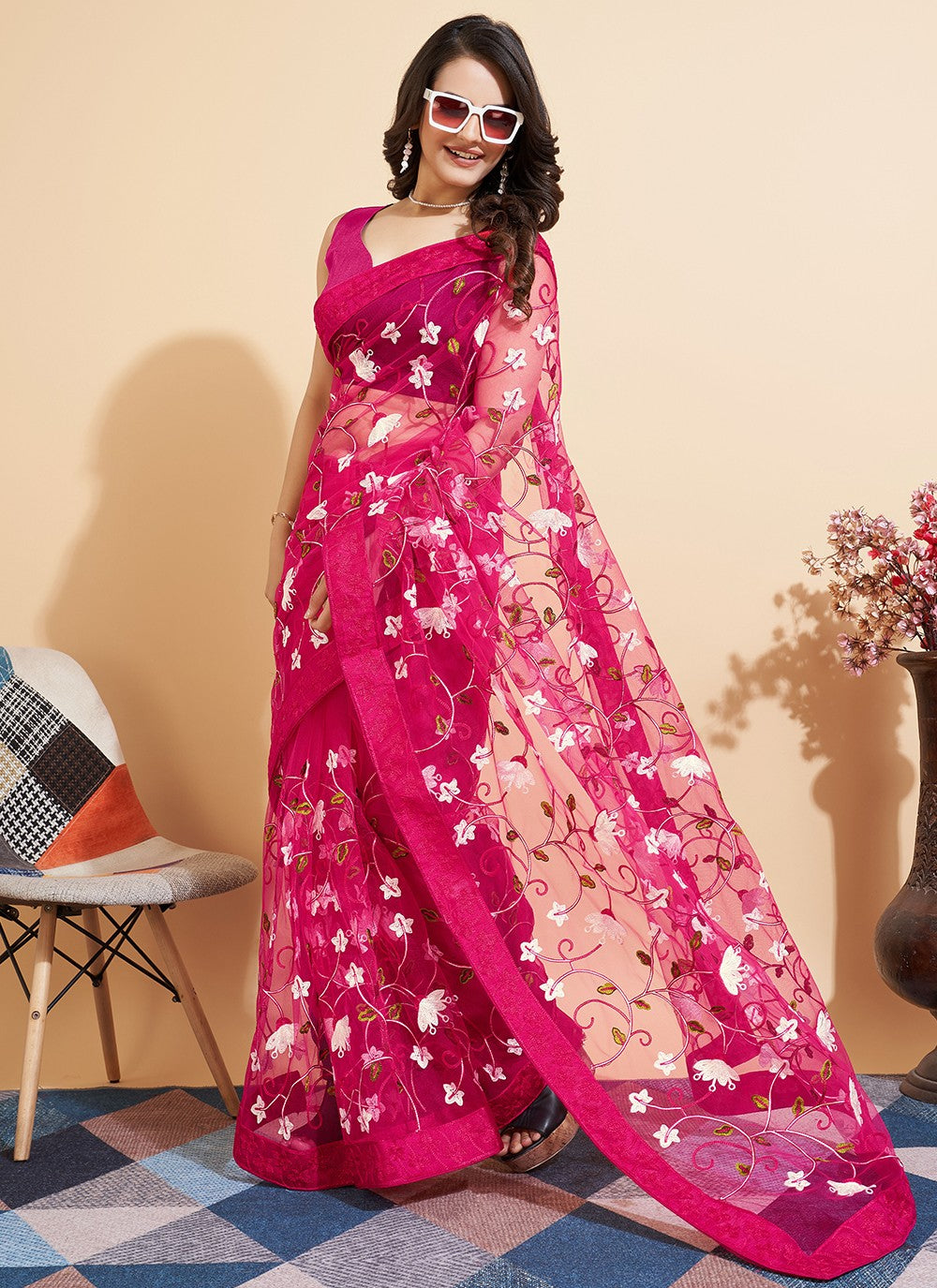 Trendy Embroidered Net Saree - S5235