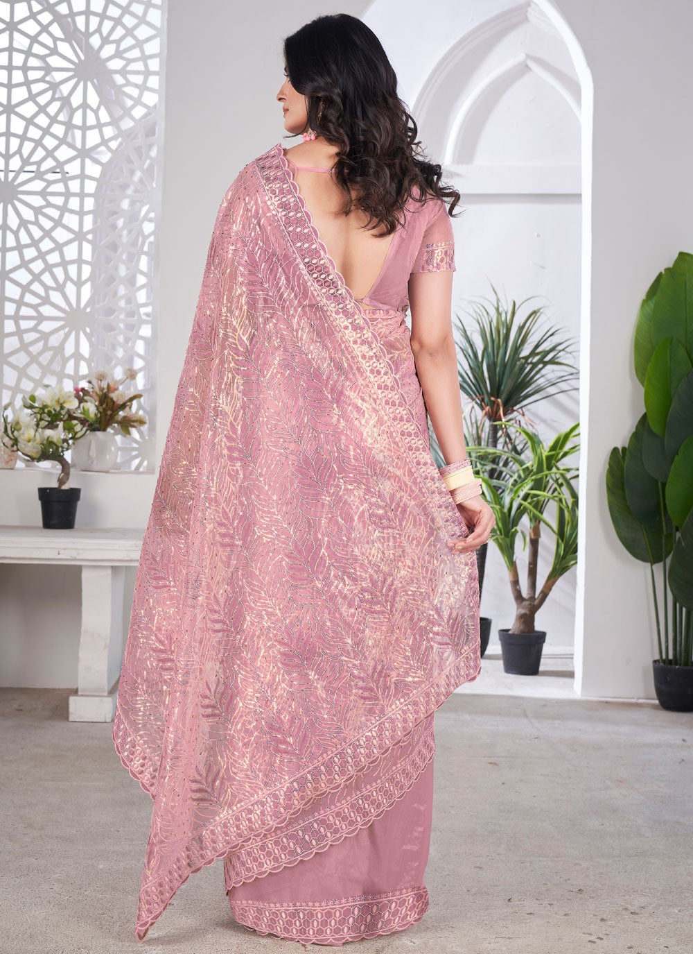 Cut Work Net Pink Classic Saree S15586