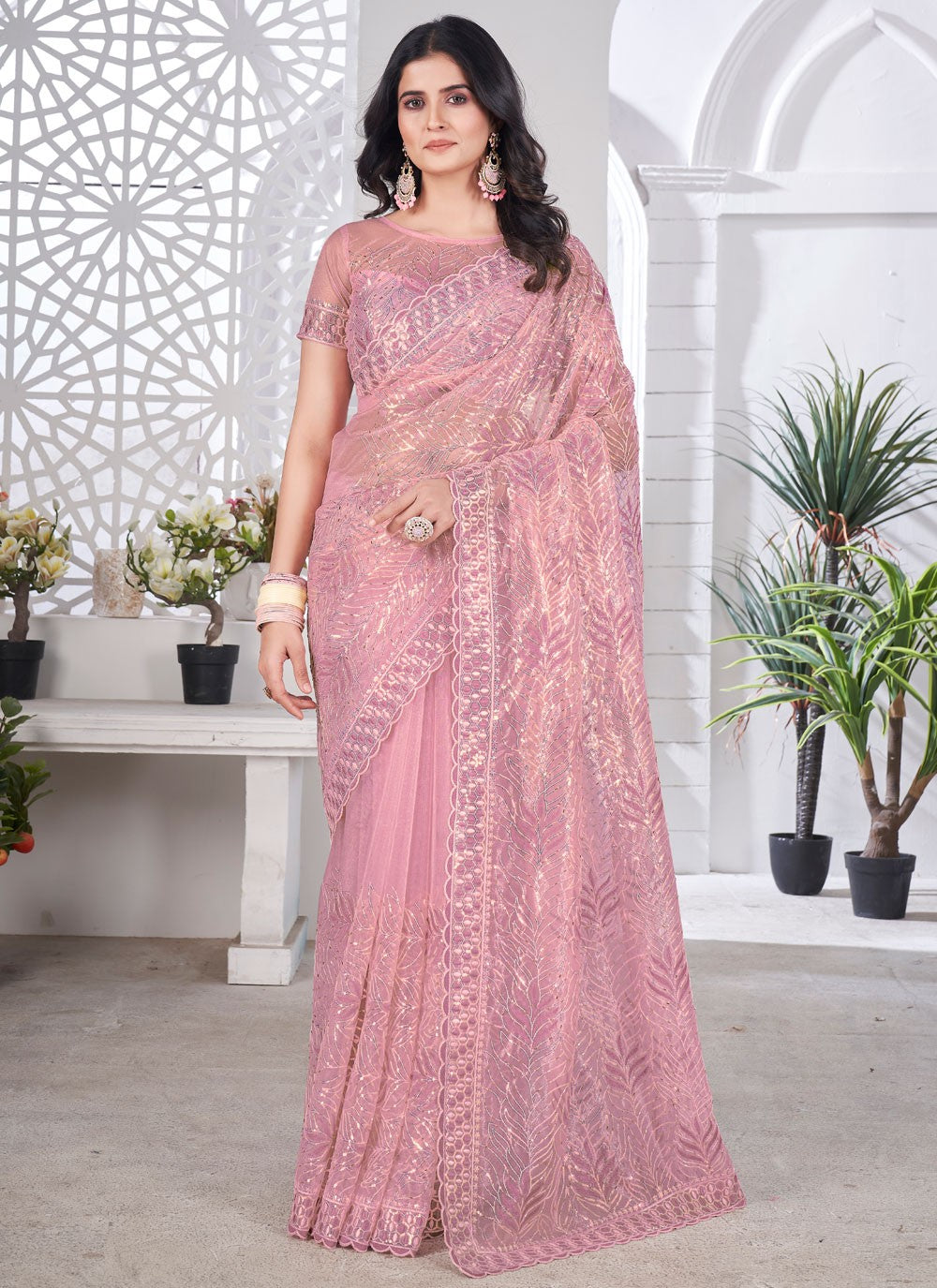 Cut Work Net Pink Classic Saree S15586