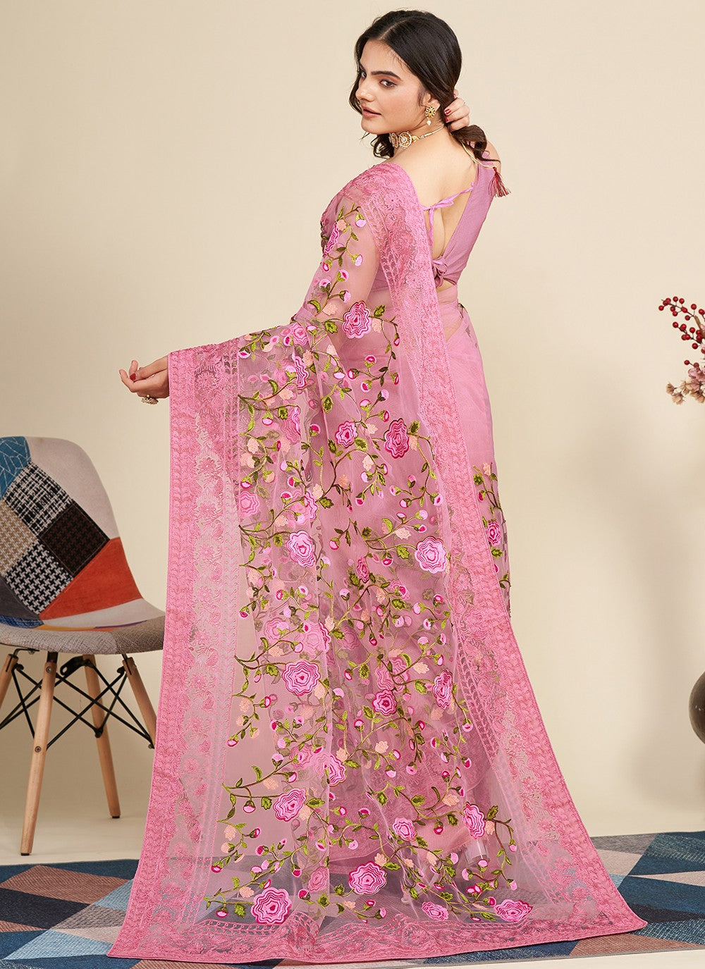 Trendy Embroidered Net Saree - S5091