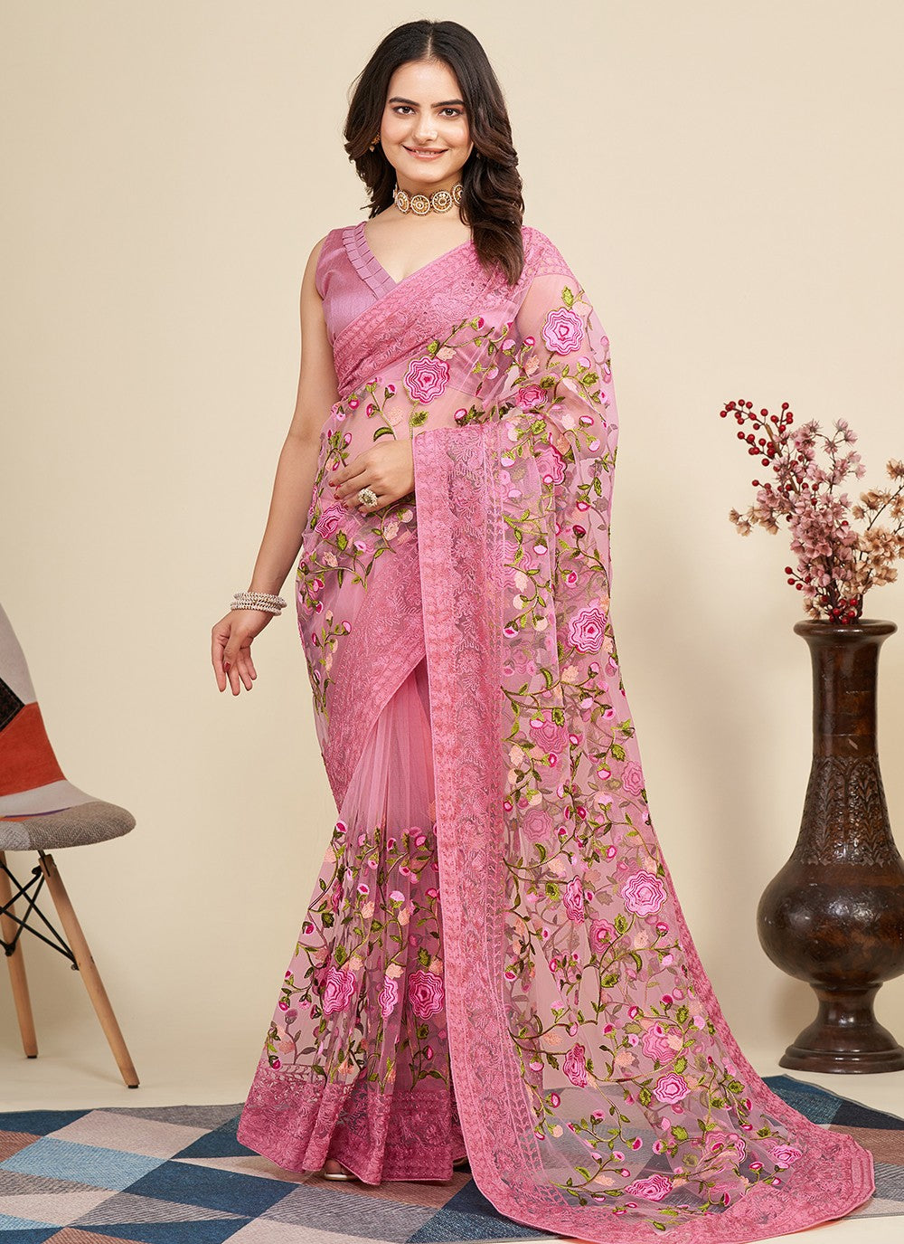 Trendy Embroidered Net Saree - S5091
