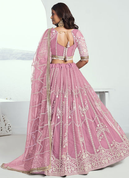 Embroidered Net Pink A - Line Lehenga  L3775