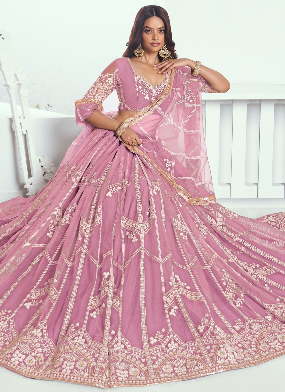 Embroidered Net Pink A - Line Lehenga  L3775