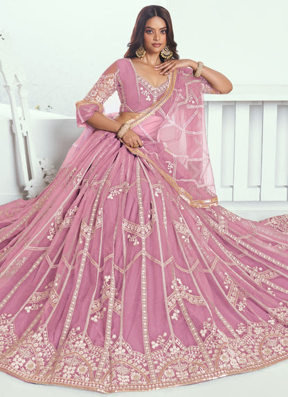Embroidered Net Pink A - Line Lehenga  L3775