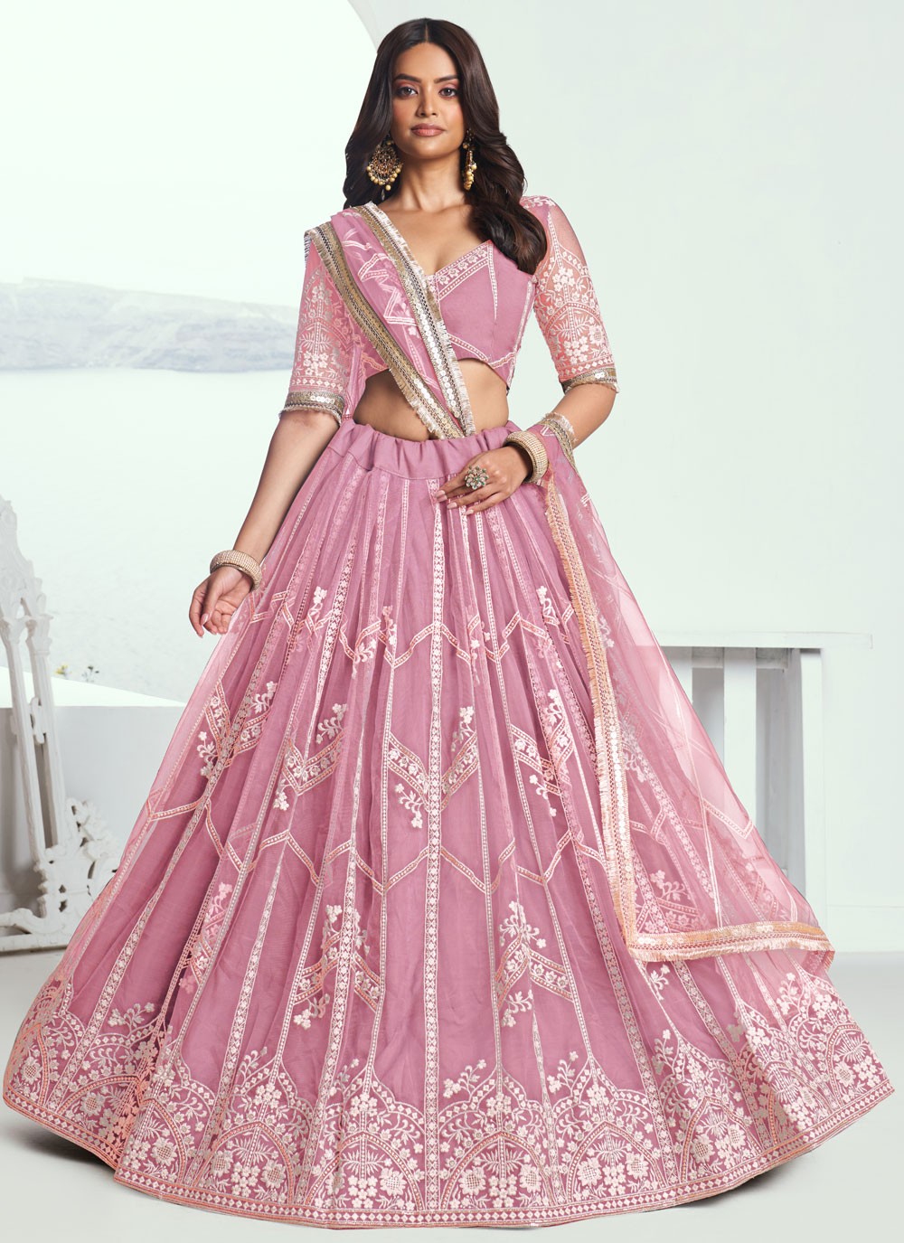 Embroidered Net Pink A - Line Lehenga  L3775