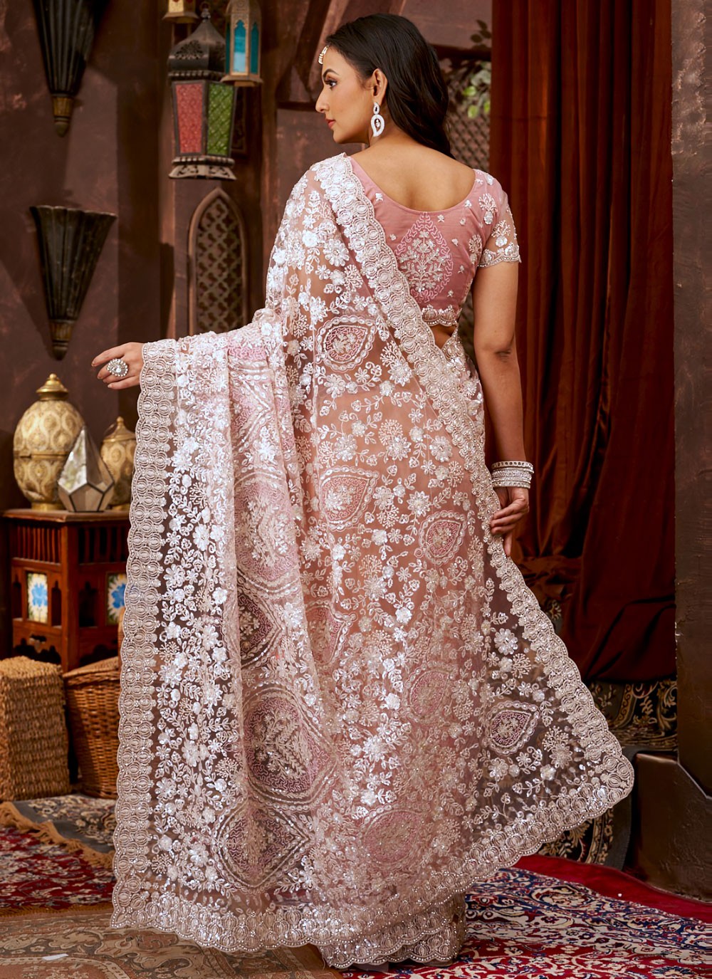 Pink Net Contemporary Saree Border Work, Cut Work, Embroidered, Sequins, Stones S15887