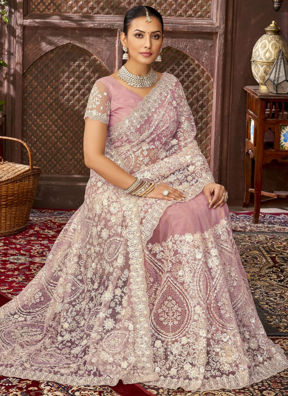 Pink Net Contemporary Saree Border Work, Cut Work, Embroidered, Sequins, Stones S15887