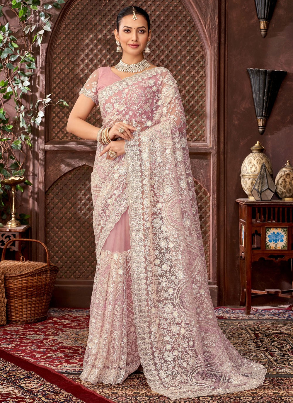 Pink Net Contemporary Saree Border Work, Cut Work, Embroidered, Sequins, Stones S15887