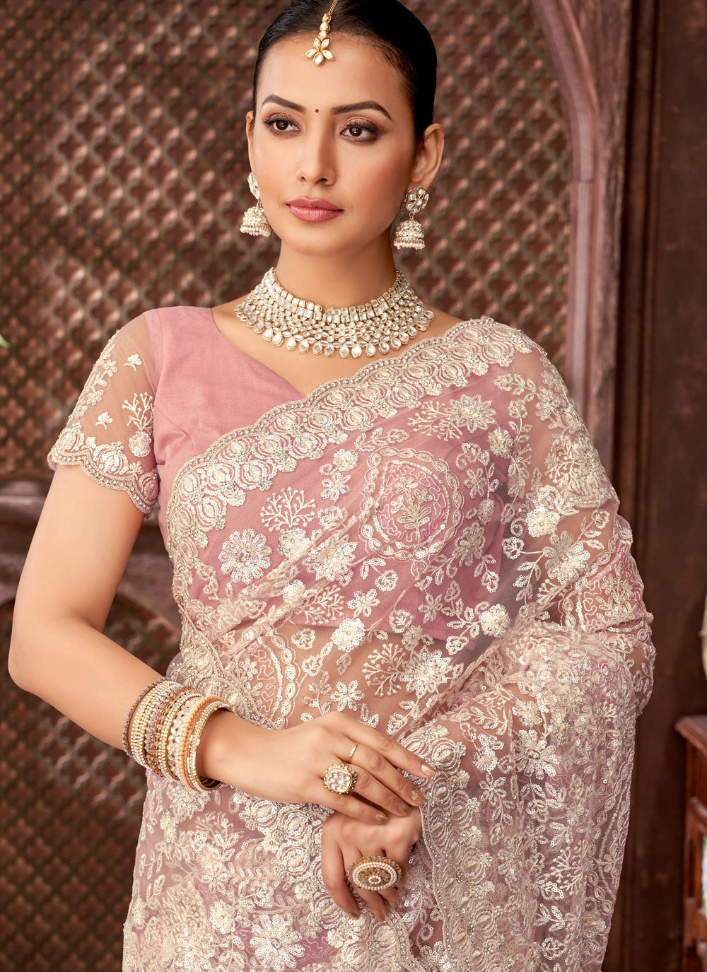 Pink Net Contemporary Saree Border Work, Cut Work, Embroidered, Sequins, Stones S15887