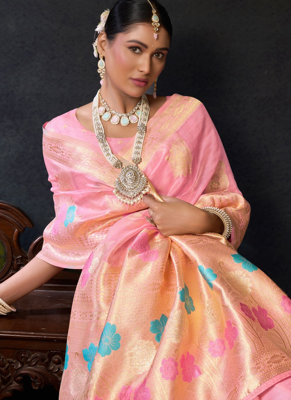 Pink Organza Trendy Saree Weaving Zari S19565