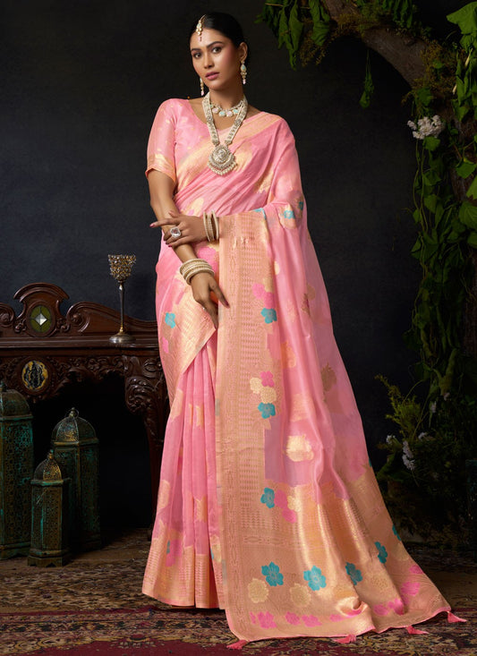 Pink Organza Trendy Saree Weaving Zari S19565