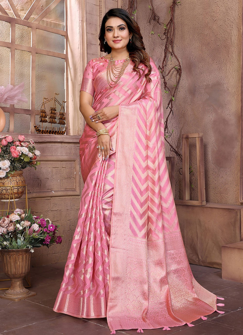 Trendy Saree Woven Pink Organza Saree S13616