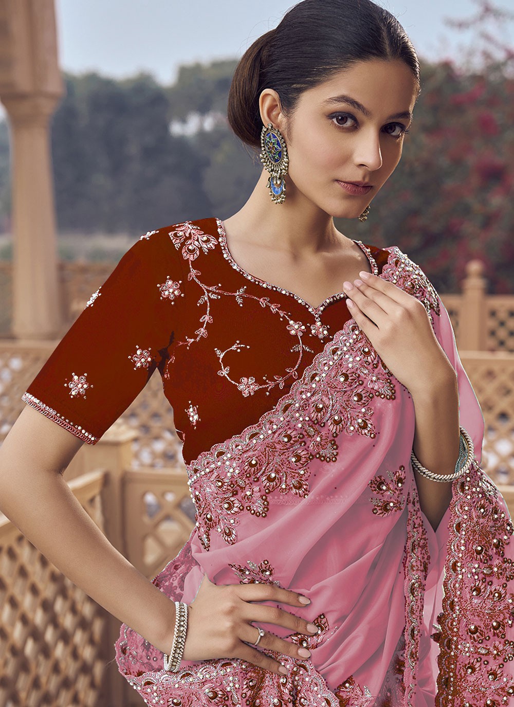 Pink Organza Contemporary Saree Cord, Cut Work, Embroidered, Hand Embroidery, Zari S17019