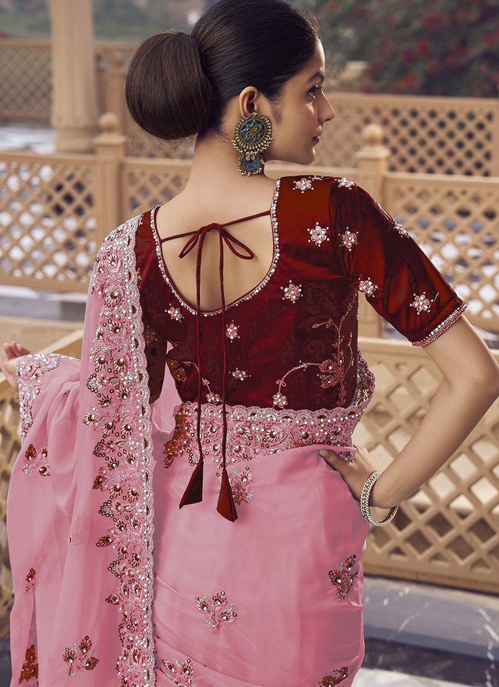 Pink Organza Contemporary Saree Cord, Cut Work, Embroidered, Hand Embroidery, Zari S17019
