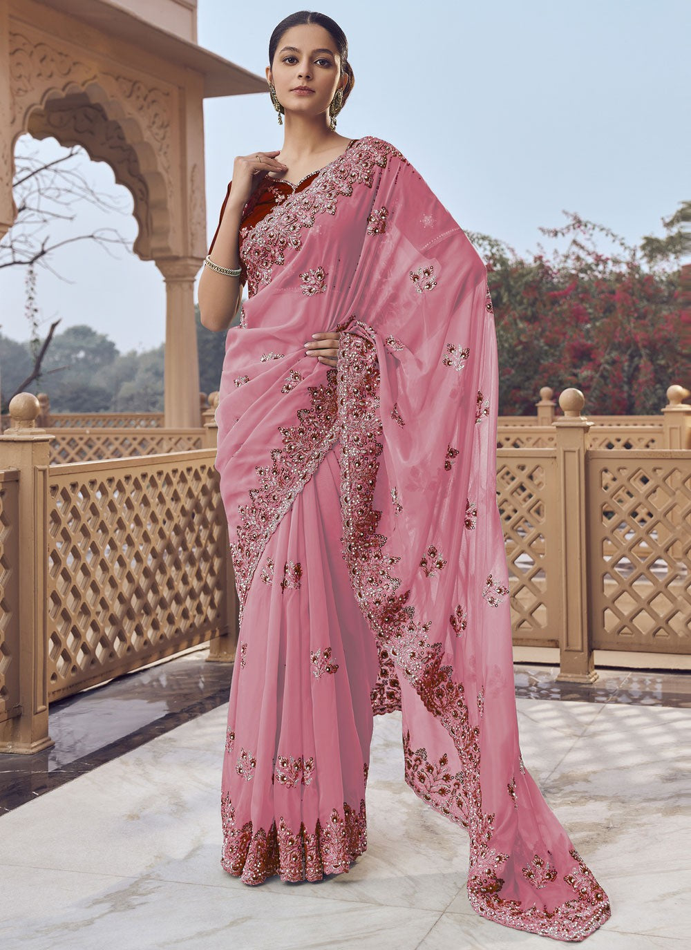 Pink Organza Contemporary Saree Cord, Cut Work, Embroidered, Hand Embroidery, Zari S17019