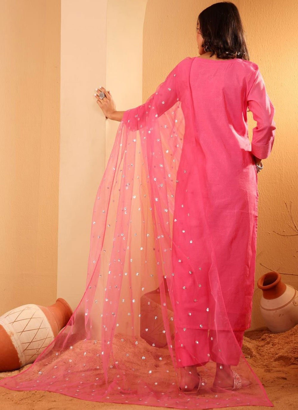 Pant Style Suit Embroidered Pink Chanderi Silk T5117