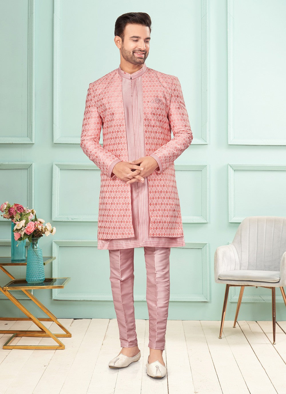 Fancy Work Brocade, Jacquard Pink Indo Western - M7271