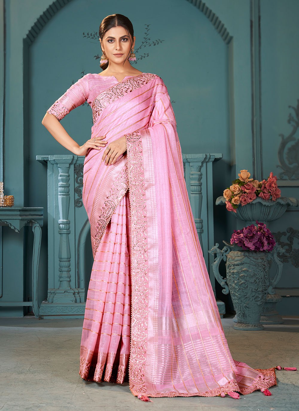 Classic Sequins Cotton , Linen Saree - S6818