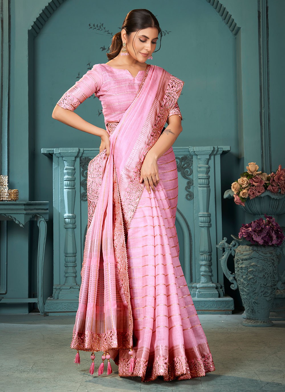 Classic Sequins Cotton , Linen Saree - S6818