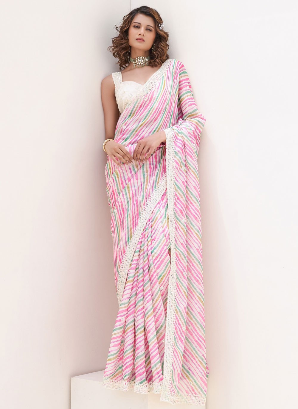 Pink Satin Contemporary Saree Border Work, Embroidered, Strips S18662