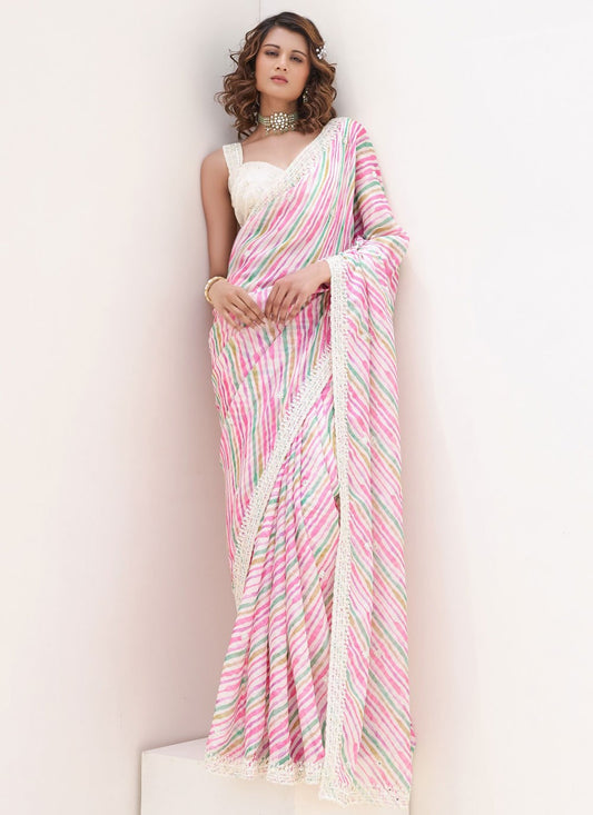 Pink Satin Contemporary Saree Border Work, Embroidered, Strips S18662