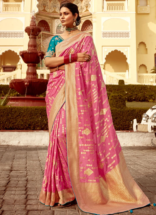 Weaving Zari Pure Dola Pink Saree S14218