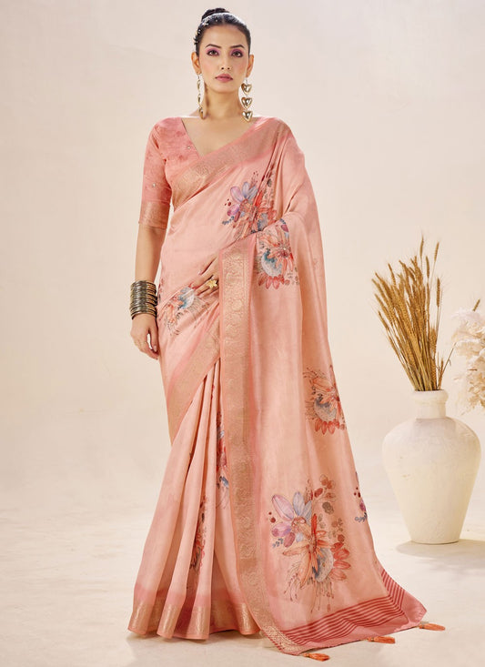 Pink Silk Trendy Saree Border Work, Fancy Work, Printed, Weaving Zari S19085