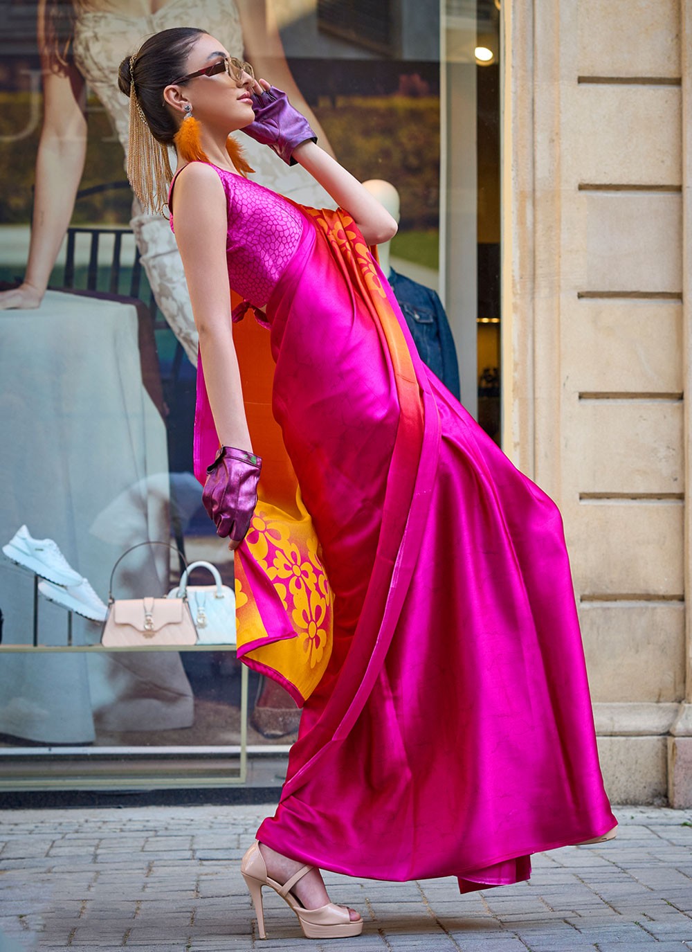 Classic Printed Faux Crepe, Satin Saree - S6040