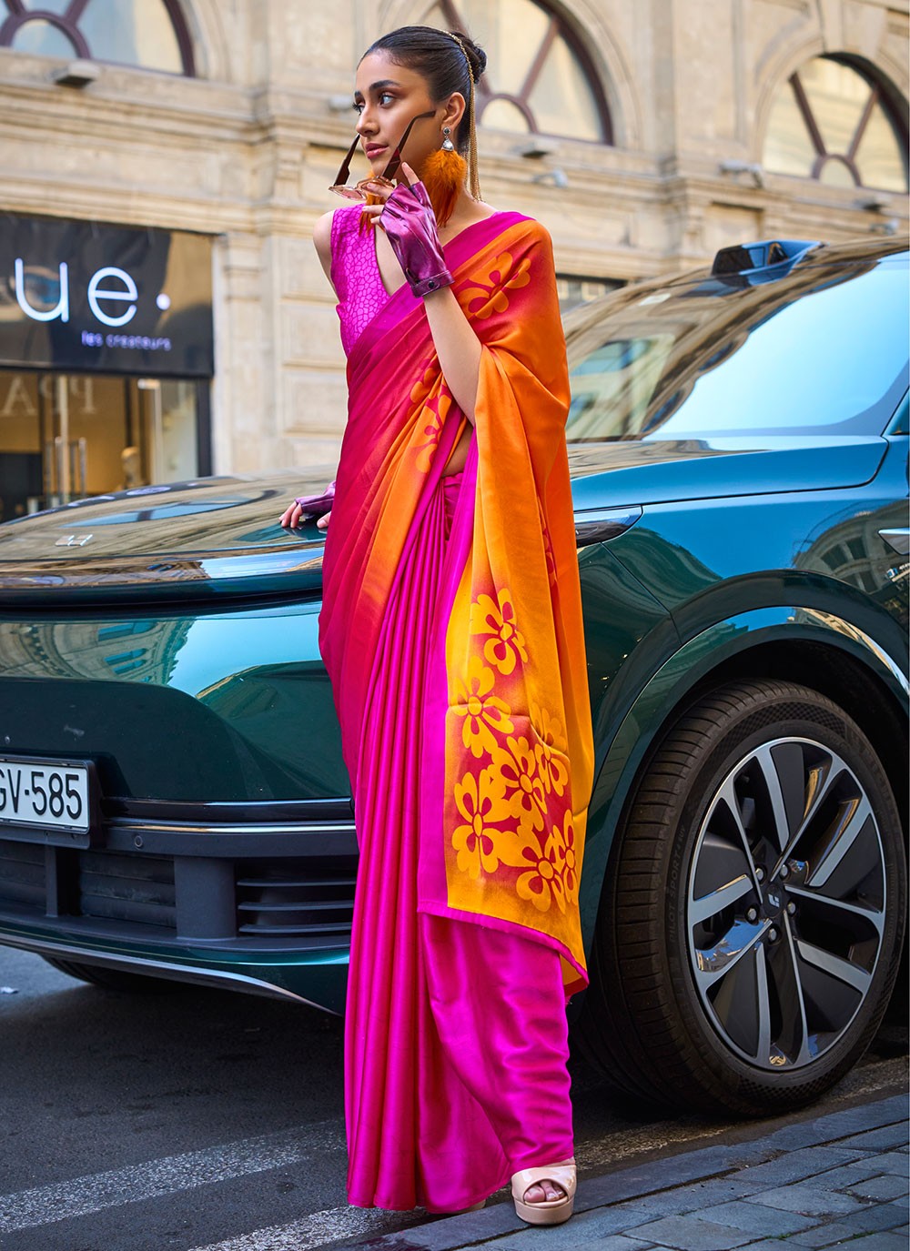 Classic Printed Faux Crepe, Satin Saree - S6040