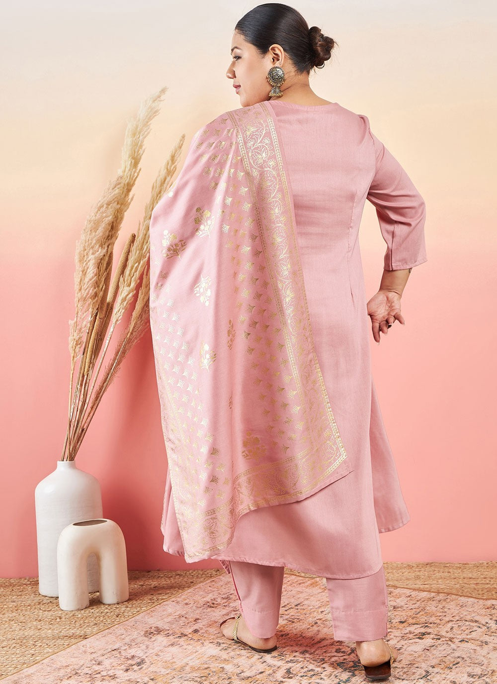 Pant Style Suit Printed Pink Poly Silk T5709
