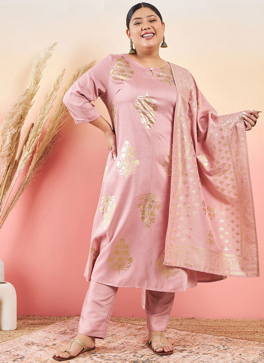 Pant Style Suit Printed Pink Poly Silk T5709