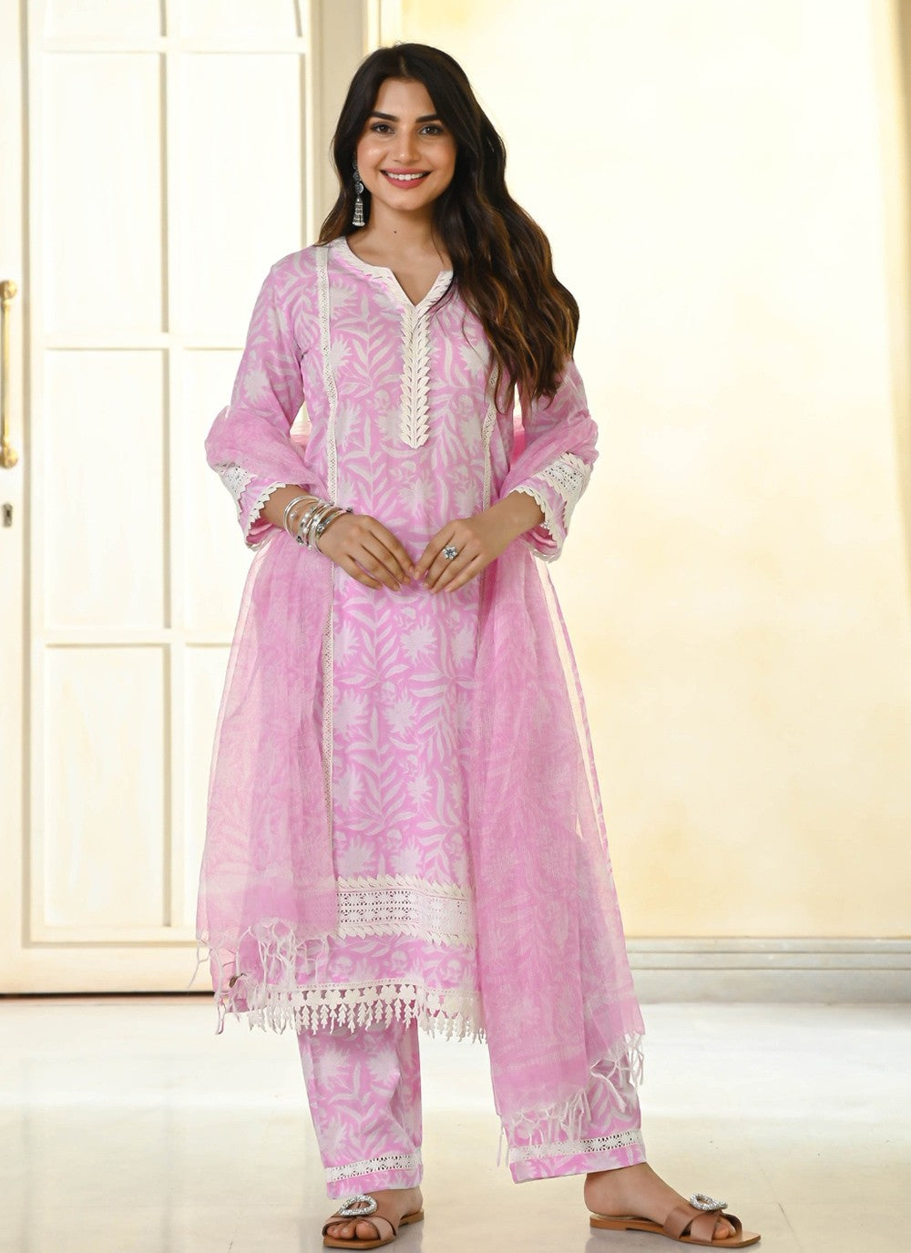 Pant Style Suit Embroidered Pink Cotton T5012