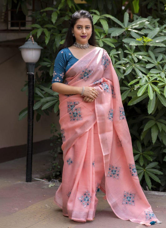 Trendy Printed Linen, Silk Saree - S6744