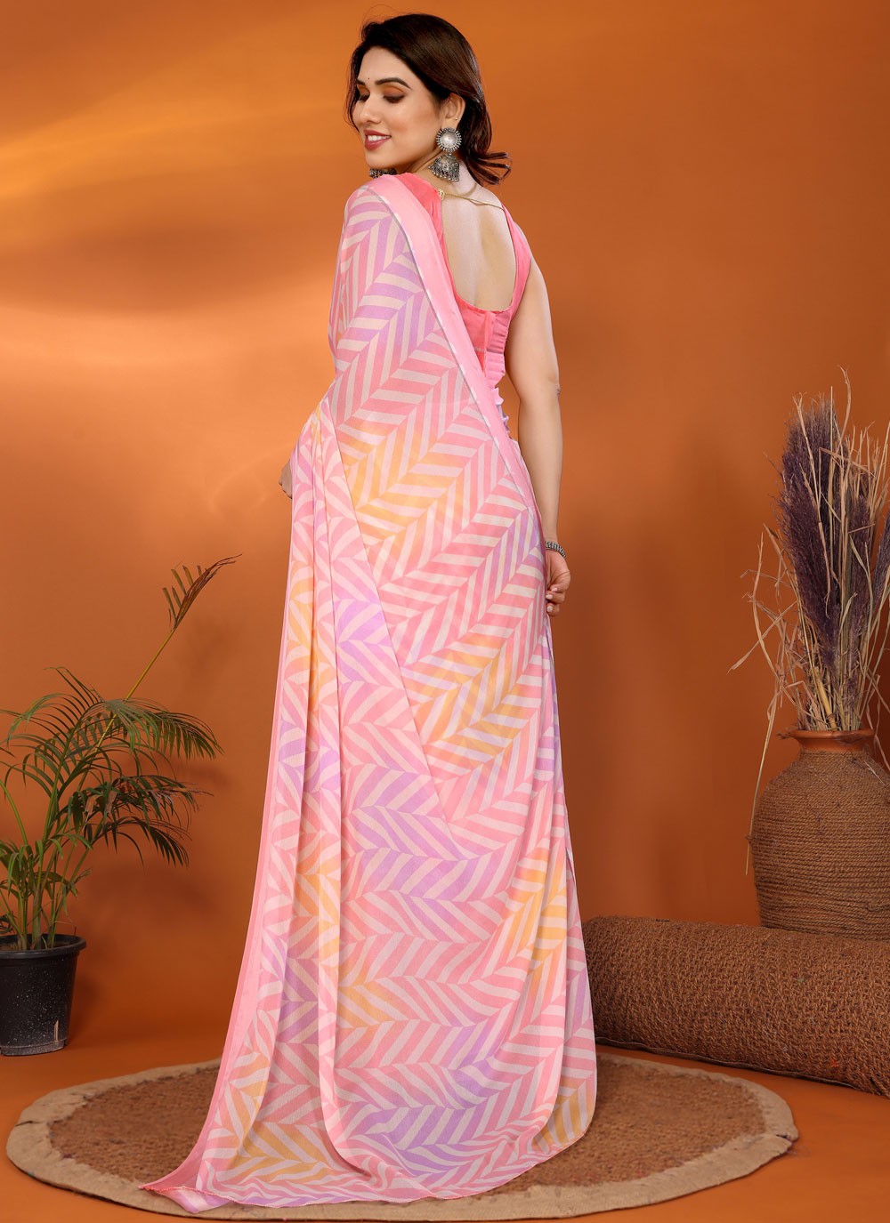 Printed Satin Pink Saree S13950