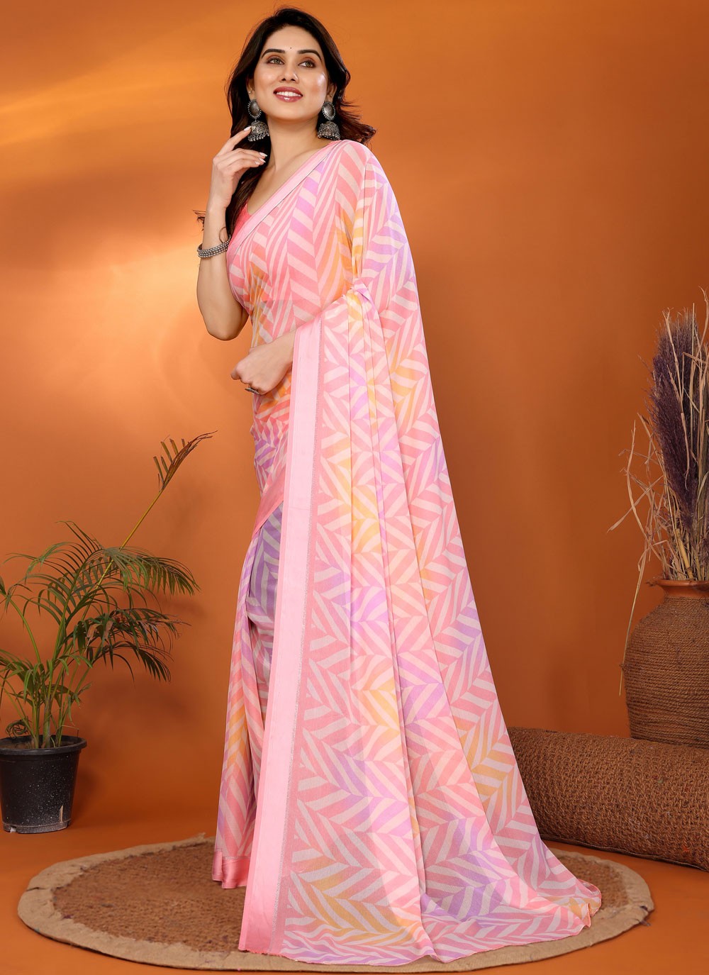 Printed Satin Pink Saree S14186