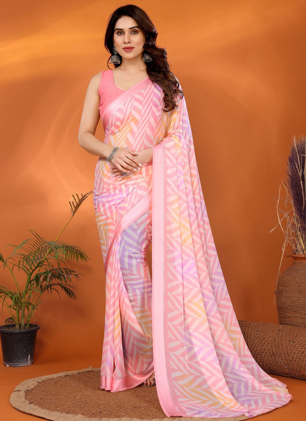 Printed Satin Pink Saree S13950