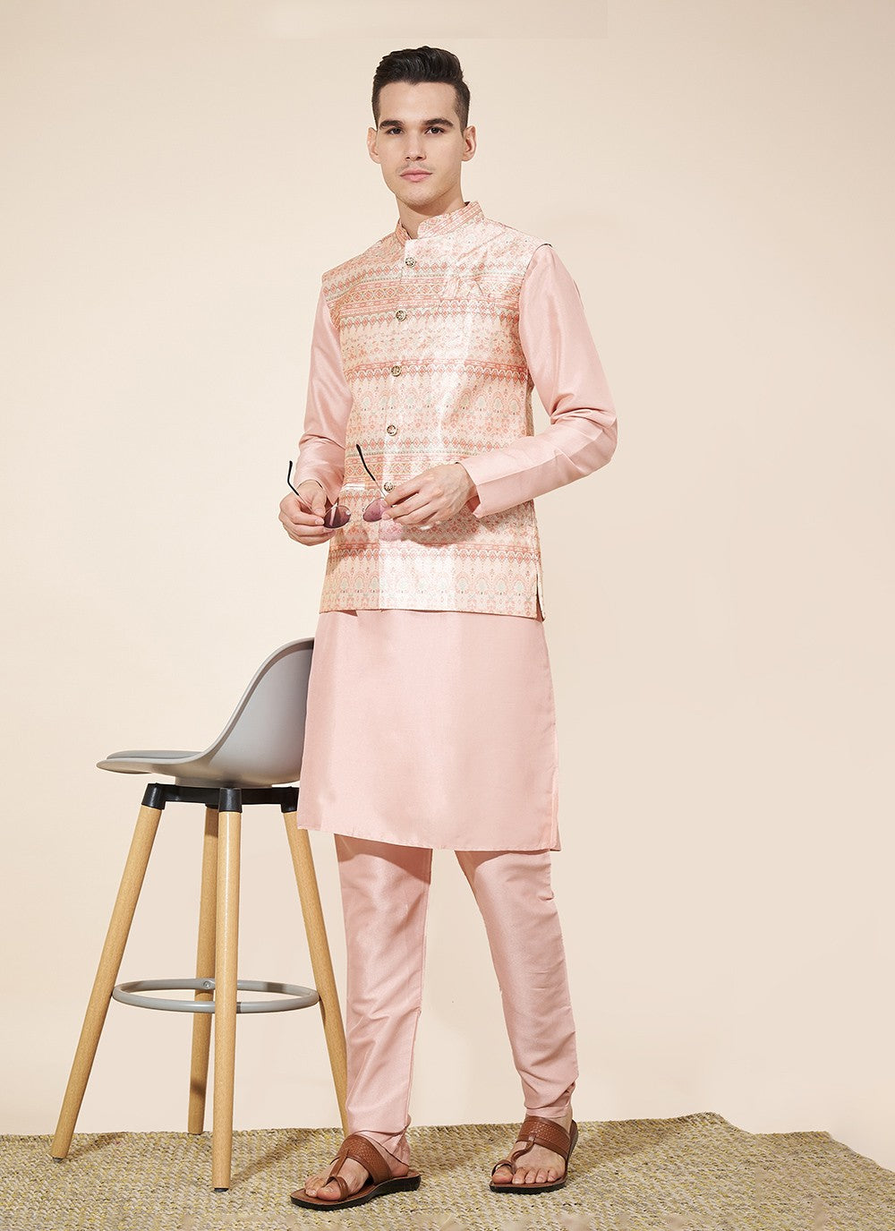 Jacquard Work Pure Silk Pink Kurta Payjama With Jacket - M8028