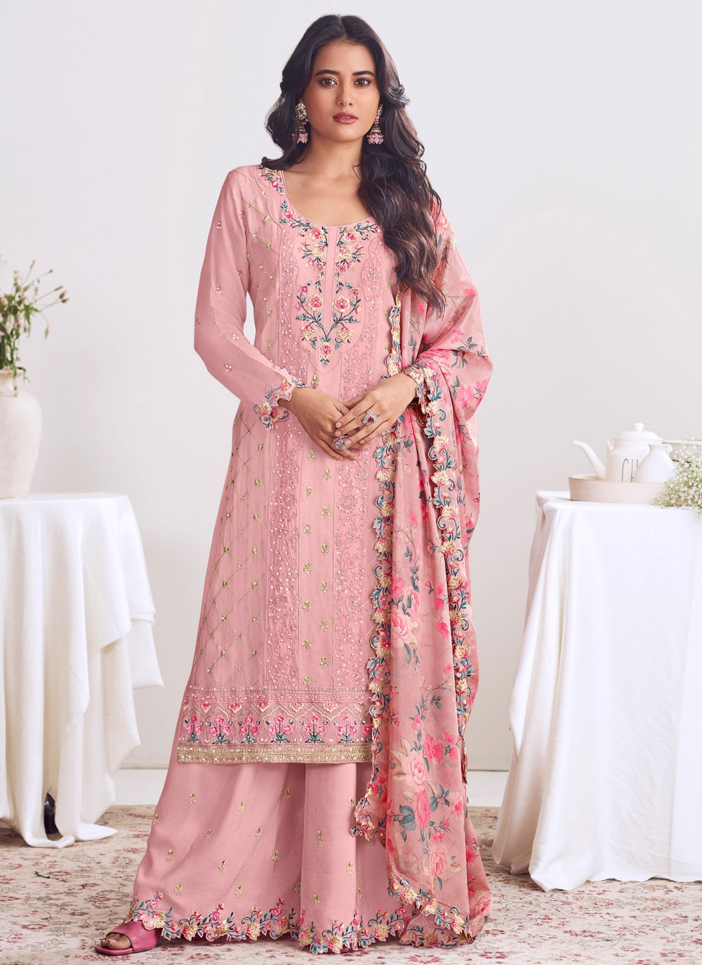 Palazzo Suit Embroidered, Thread Pink T8510
